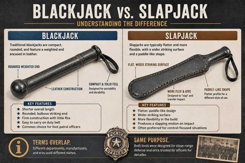 Blackjack vs slapjack comparison infographic showing key differences in shape and design
