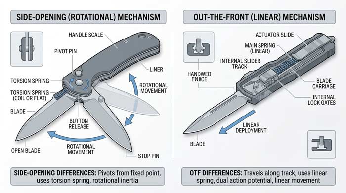 Infographic comparing side-opening automatic knife mechanisms and out-the-front knife deployment systems