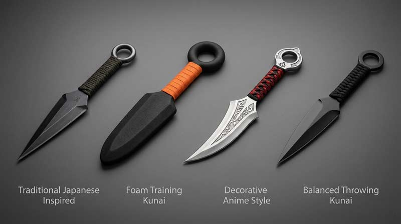 Infographic comparing modern kunai designs including traditional, foam training, anime-style, and throwing kunai variations