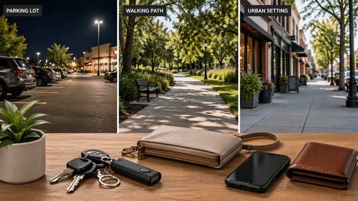 Everyday environments like parking lot, sidewalk, and street representing different self defense situations