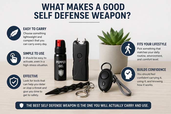 Infographic showing self defense tools like pepper spray, stun device, and keychain with tips for choosing the right option