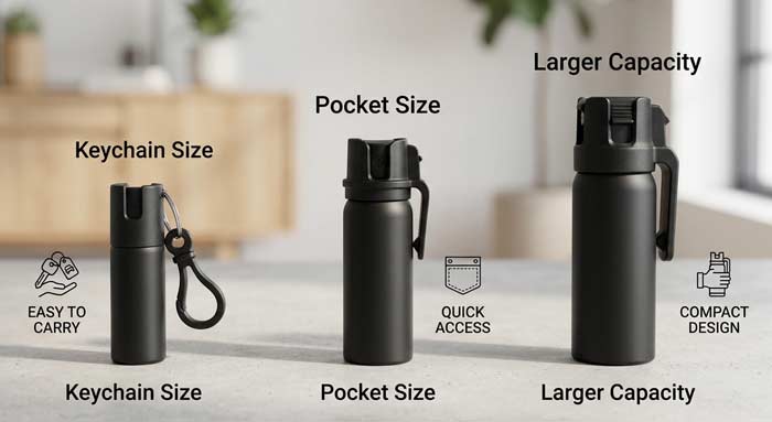 Three different sizes of pepper spray side by side