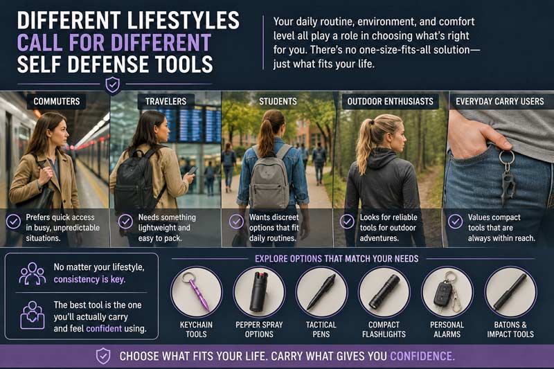 Infographic-style image showing different lifestyles and everyday situations alongside compact personal safety tools to illustrate choosing what fits your routine and comfort level