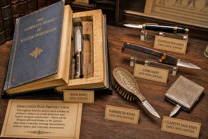 Antique book knife and other concealed blades hidden inside everyday objects on museum display.