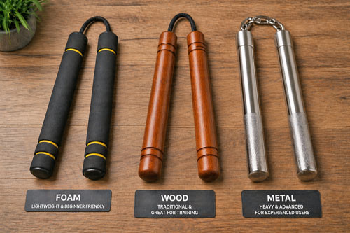 Nunchaku comparison on wooden table