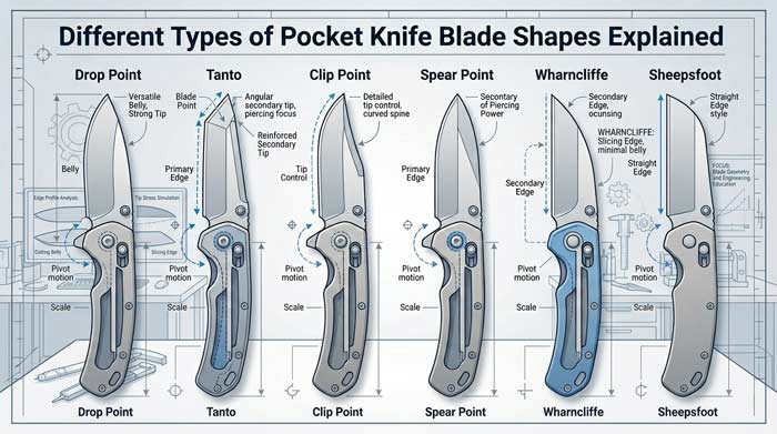 Infographic explaining pocket knife blade shapes using labeled blade profile diagrams and cutting geometry comparisons