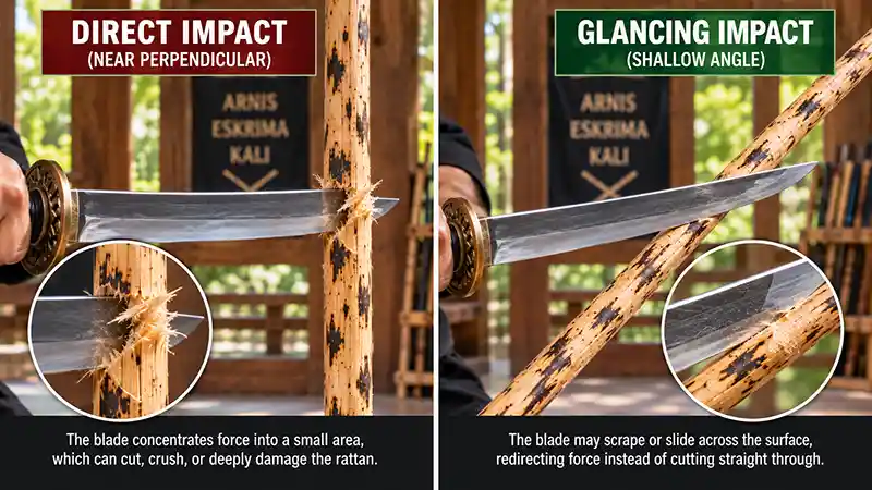 Direct versus glancing sword impacts against a rattan escrima stick
