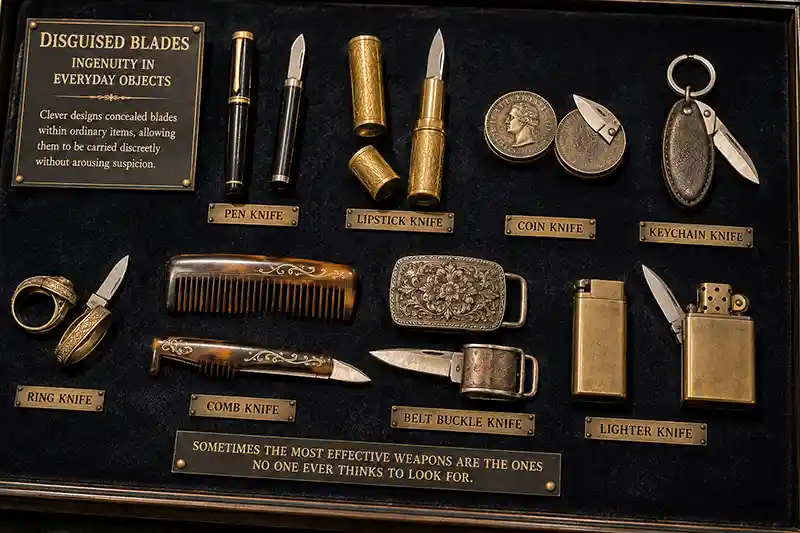 Museum display of disguised knives hidden inside everyday objects including a pen, lipstick tube, coin, ring, comb, lighter, keychain, and belt buckle.