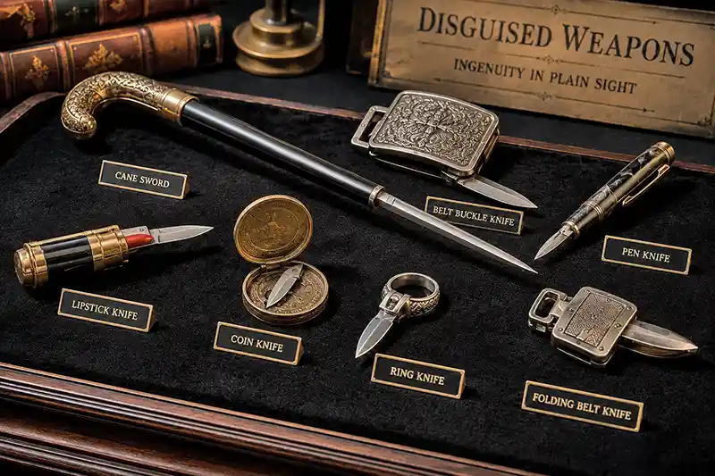 Museum display of disguised weapons including a cane sword, belt buckle knife, pen knife, coin knife, lipstick knife, and ring knife.