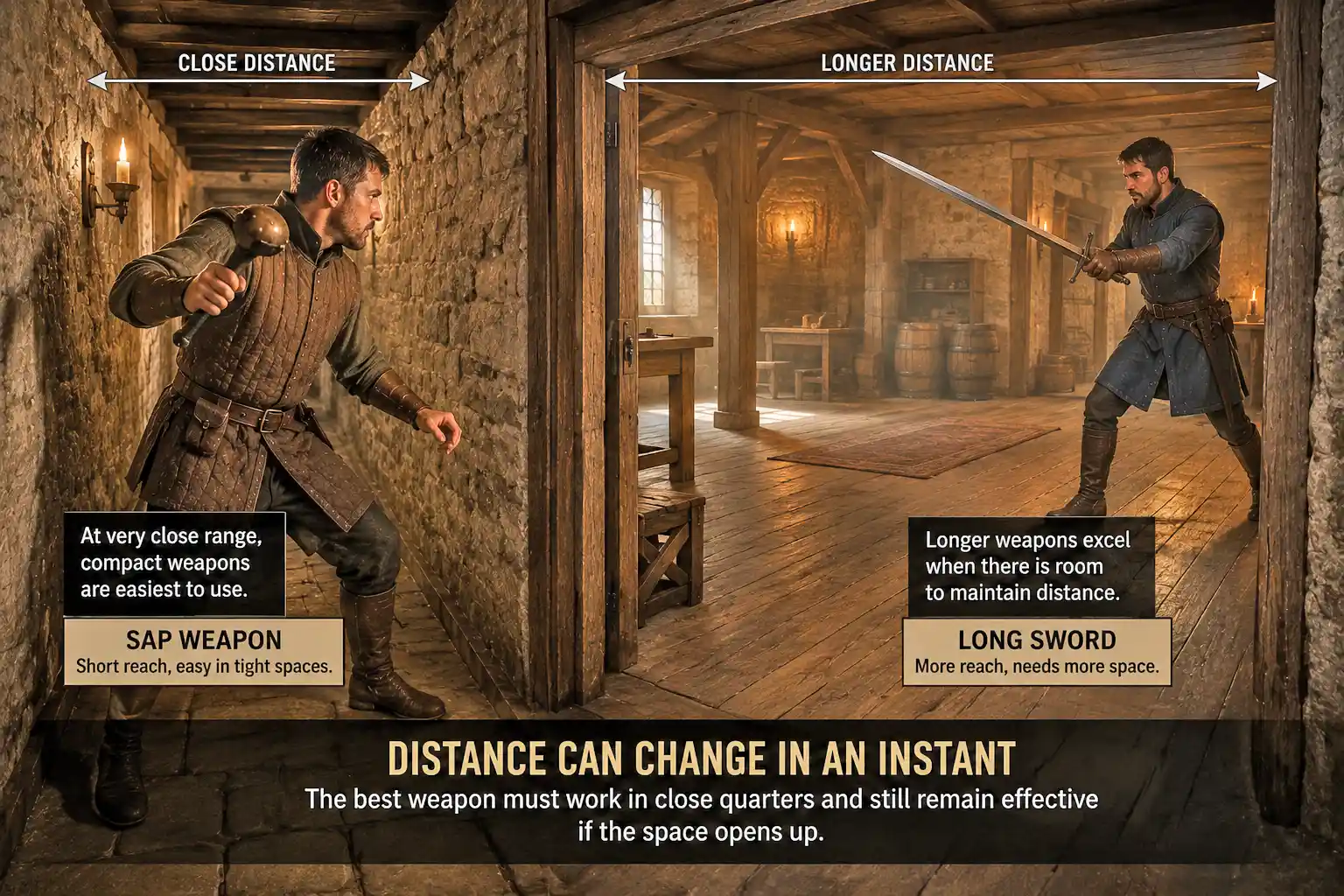 Compact sap weapon in a narrow corridor compared with a long sword in an open room