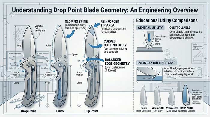 Infographic explaining drop point blade geometry with labeled diagrams showing the sloping spine, curved edge, and reinforced tip design