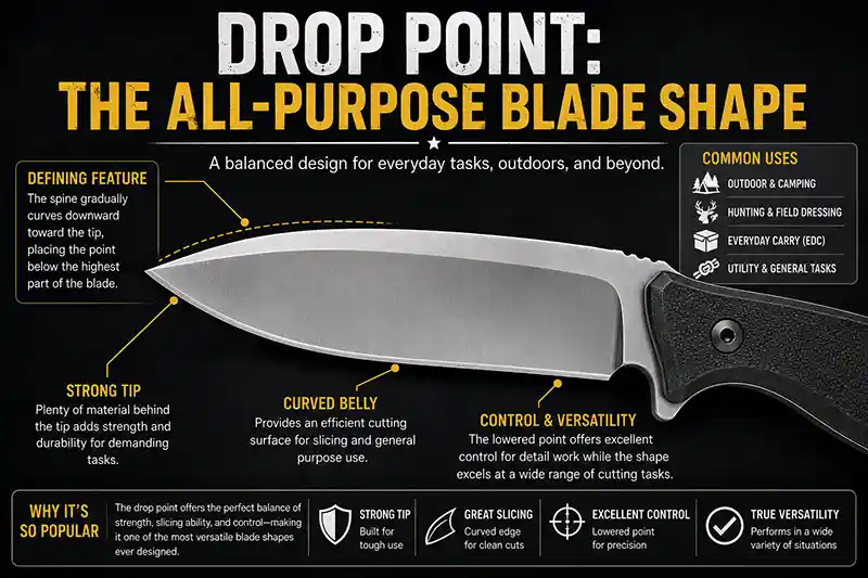 Drop point knife blade shape and defining features