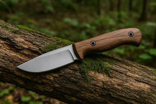 drop point bushcraft knife with a wooden handle resting on a mossy tree trunk in the forest
