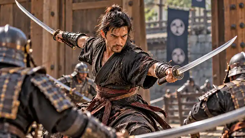 Samurai warrior wielding two swords against multiple armored opponents in a Japanese courtyard.