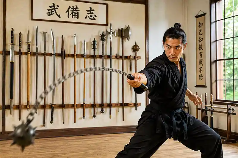 Martial artist swinging a flexible chain weapon in a bright training hall