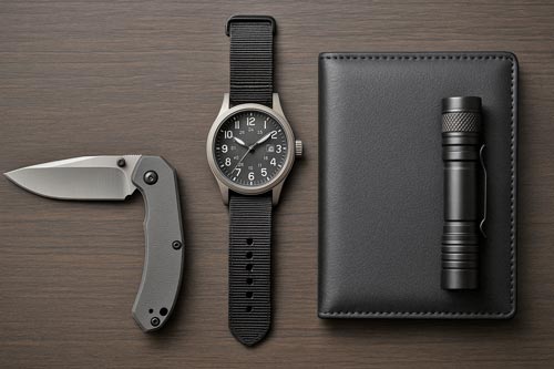 Folding knife, watch, wallet, flashlight laying on a table.