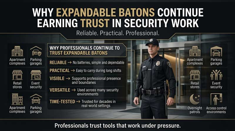Expandable baton trust and professional security work infographic