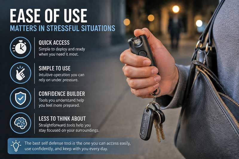 Infographic-style image showing a compact personal safety device in hand with icons highlighting quick access, ease of use, and confidence during stressful situations