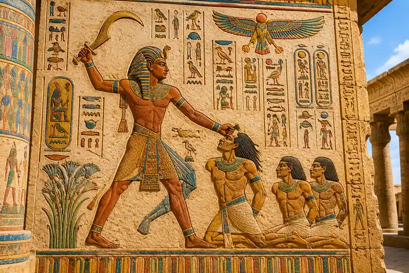 Pharaoh holding a khopesh in an ancient Egyptian temple relief