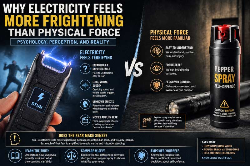 Editorial-style comparison showing a stun device with electrical sparks contrasted against pepper spray, explaining why electricity feels more psychologically intimidating than physical force.
