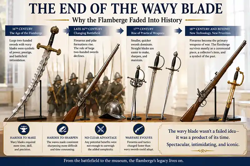 Timeline showing the flamberge fading as firearms and straight swords became dominant