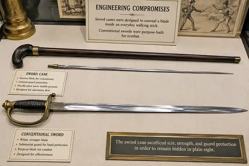 Sword cane compared with a conventional sword to show its design compromises