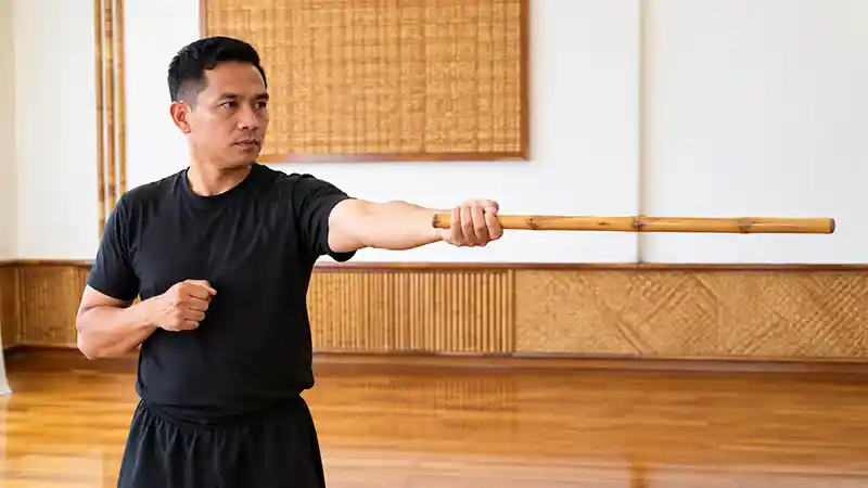 Martial artist holding a rattan escrima stick as an extension of his arm.