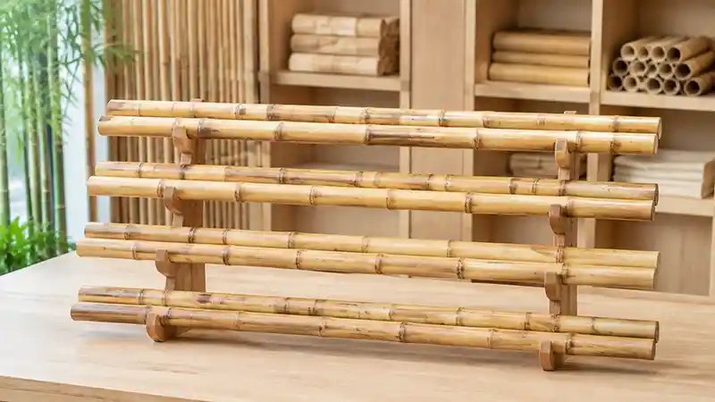 Four matched pairs of rattan escrima sticks displayed on a wooden rack.