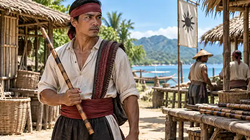 Filipino fighter holding an escrima stick in a traditional coastal village setting