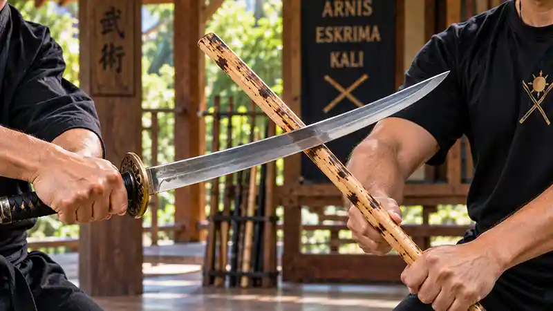Escrima stick deflecting a sword blade during Filipino martial arts training