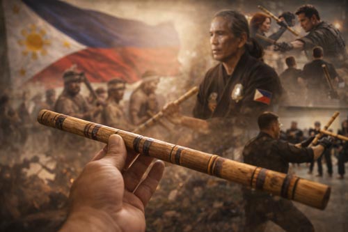 Hand holding an Escrima stick with historic and modern Filipino martial arts imagery in the background.