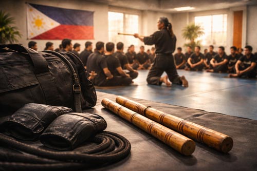 Instructor inspiring students in a dojo while rattan Escrima sticks rest in the foreground