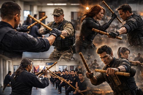 Modern practitioners, military trainers, and performers using Escrima sticks in training and action scenes.