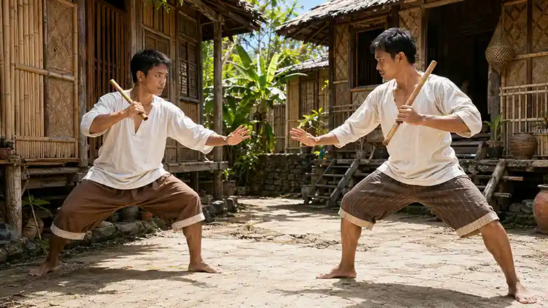 Close-range escrima in a Filipino courtyard