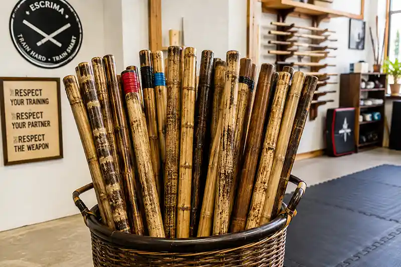 Well-used rattan escrima sticks stored in a martial arts training room