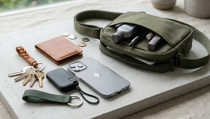 Flat lay of everyday carry items including phone, wallet, keys, and bag showing organized carry options