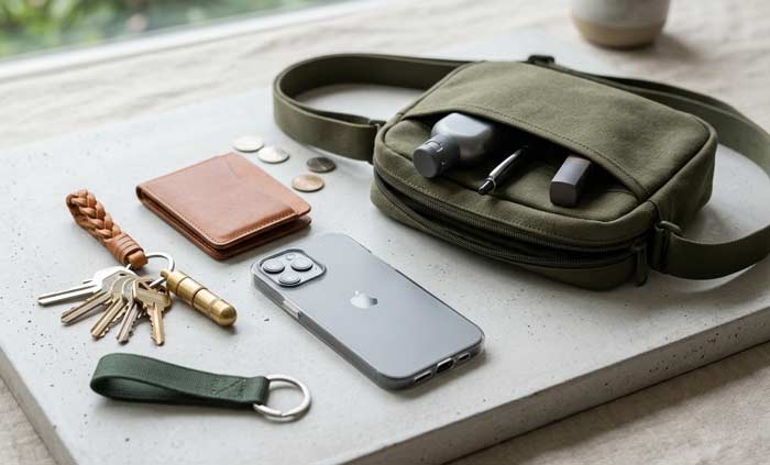 Flat lay of everyday carry items like keys, wallet, phone, and bag showing organized carry options