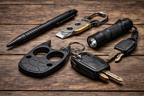Everyday carry defensive tools on wood