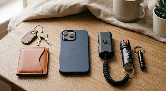 Flat lay of everyday carry items including safety spray, compact device, keychain, phone, wallet, and keys arranged on a table