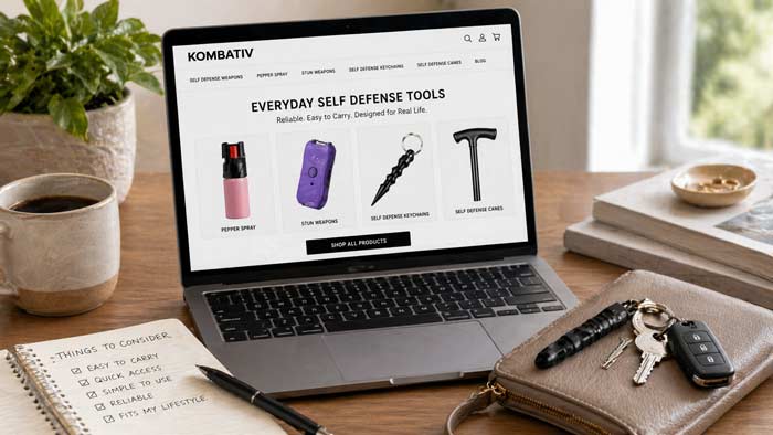 Laptop displaying self defense tools website with everyday carry items like keys, wallet, and notebook on a desk