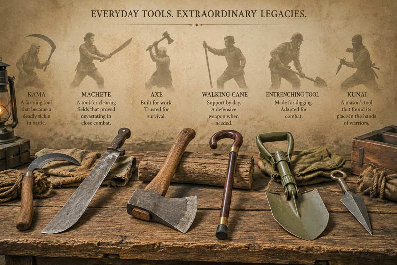 Collection of everyday tools that evolved into legendary weapons throughout history