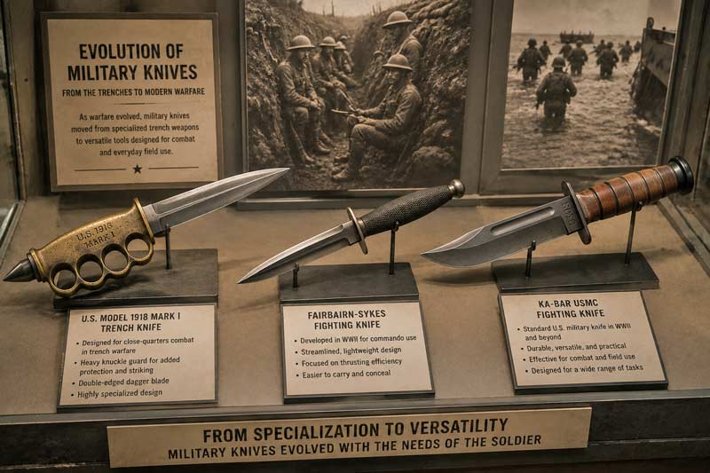 Museum display comparing a World War I trench knife with later military fighting knives.