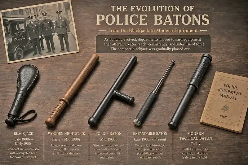 Evolution of police batons from antique blackjacks to modern designs