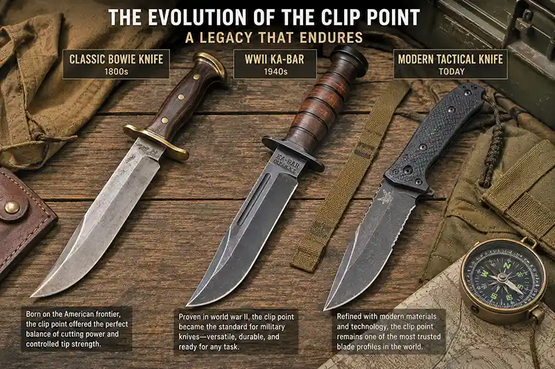 Evolution of the clip point knife from the Bowie knife to the WWII Ka-Bar and modern tactical designs.