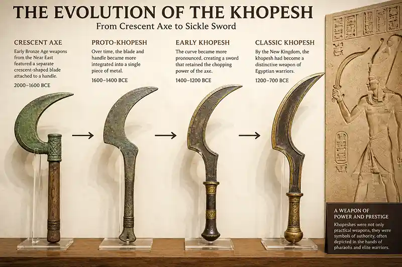 Evolution of the khopesh from crescent axe to curved Egyptian sword