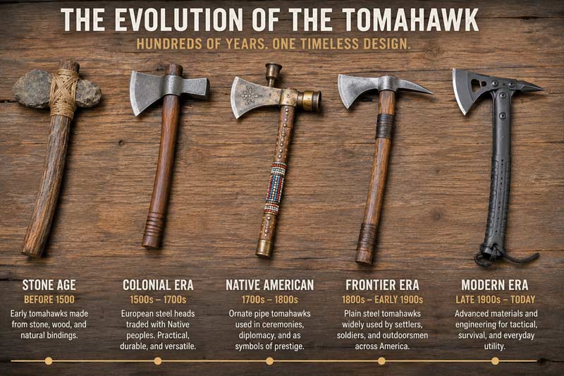 Timeline showing the evolution of the tomahawk from primitive stone tools to modern tactical designs.
