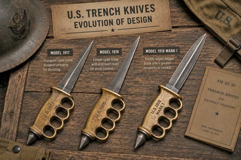 Comparison of World War I trench knife designs, including the iconic U.S. Model 1918 Mark I.