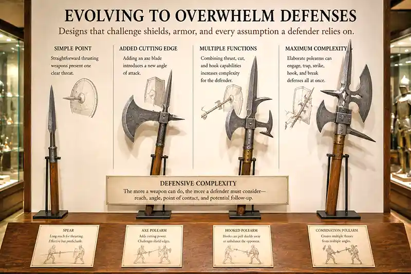 Simple spear and increasingly complex historical polearms displayed side by side