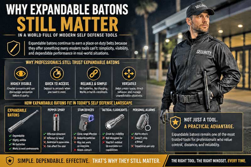 Expandable baton modern self defense tools infographic