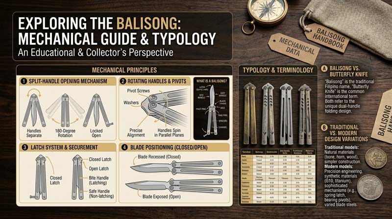 Infographic explaining butterfly knife design with split handles, balisong opening mechanism, and traditional versus modern knife variations